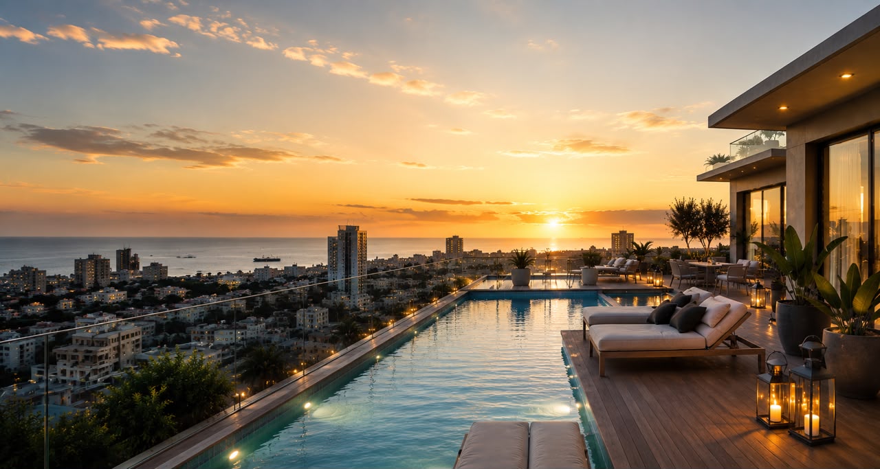 Terrasse premium avec piscine et vue sur Dakar au coucher du soleil
